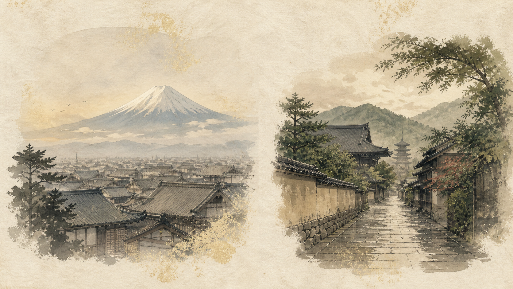 富士山と京都を描いた和紙調の挿絵